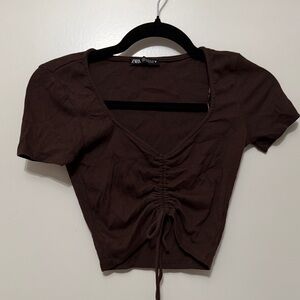 Zara Brown Ruched V‑Neck Crop Top